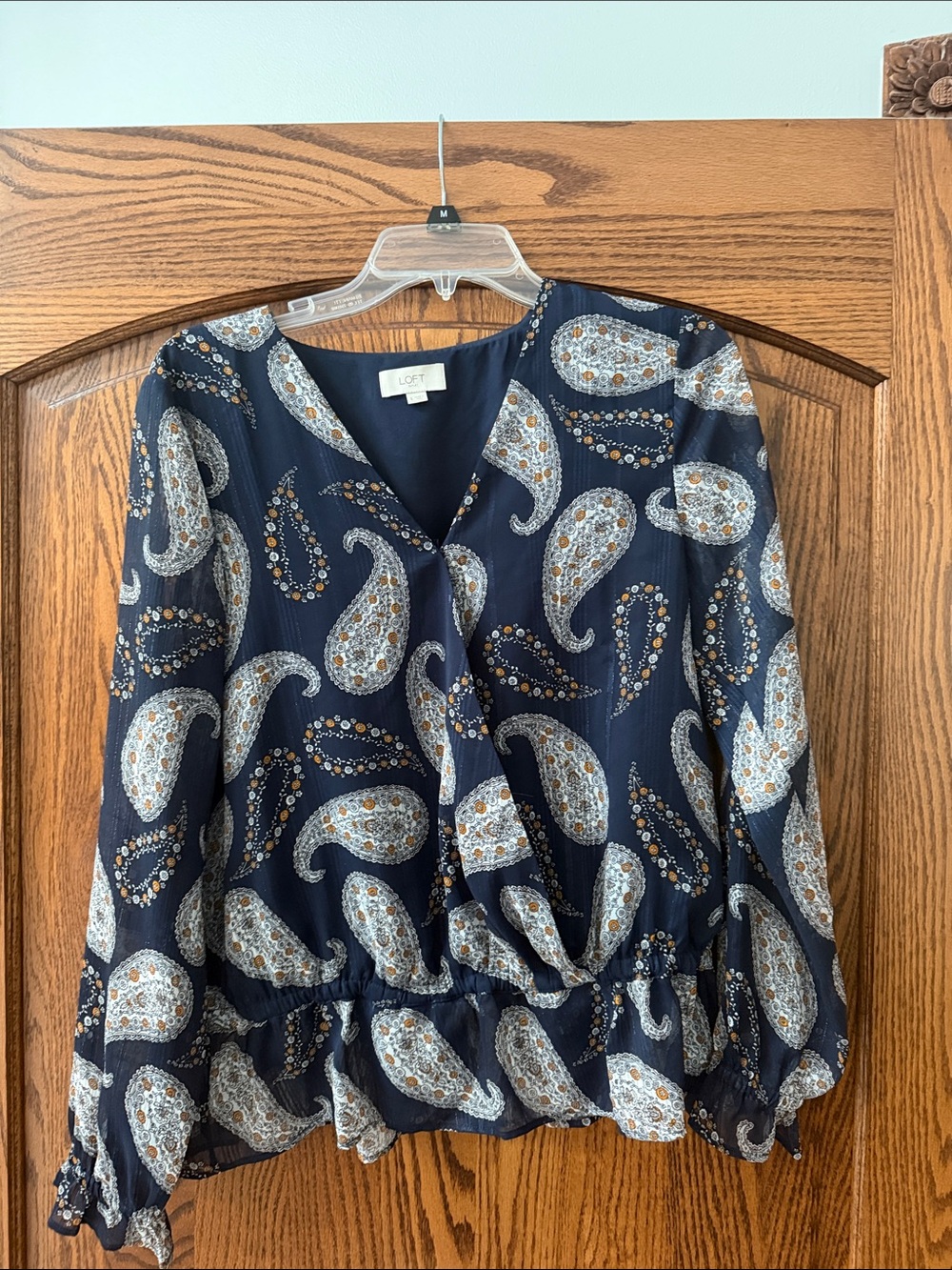 LOFT Navy Paisley Tie-Hem V-Neck Blouse